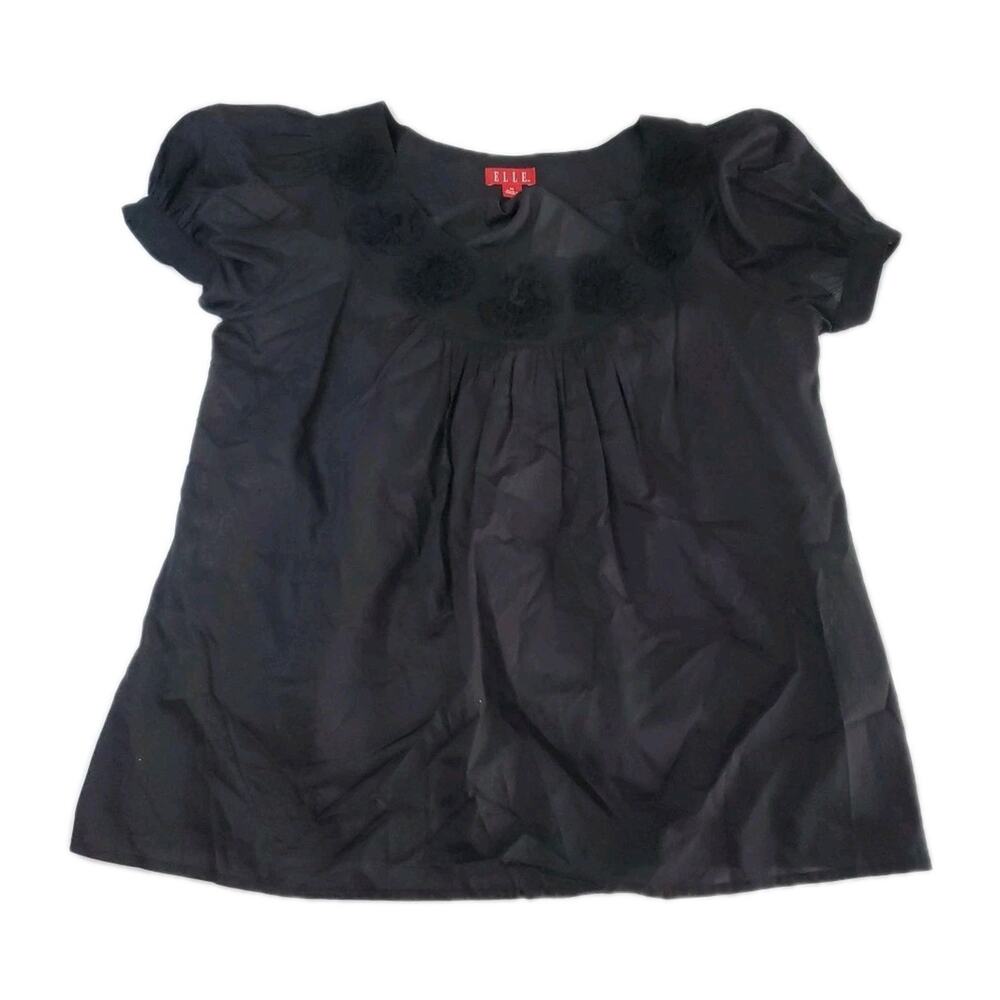 Elle Women's Blouse Black Size Medium Cotton Cap Sleeve Floral Pullover
